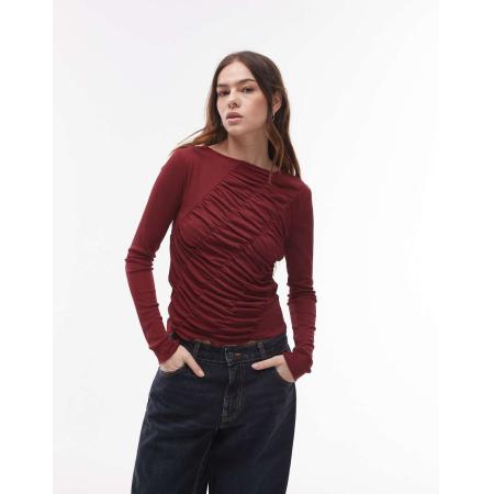 Topshop Gerimpelde top met lange mouwen in bordeauxrood