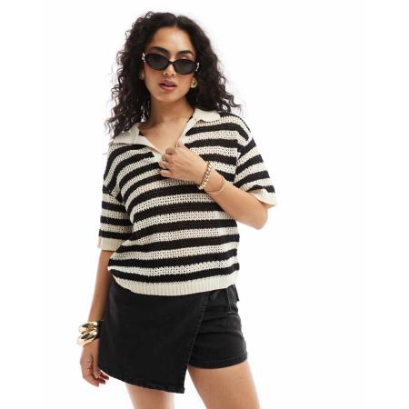 JDY Opengebreide, gestreepte polo in zwart en wit