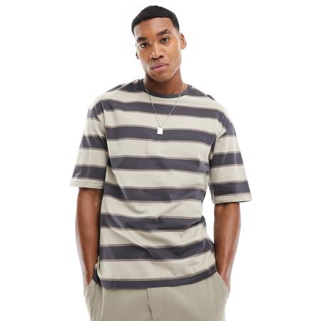 ADPT - Oversized gestreept T-shirt in beige met wassing-Neutraal