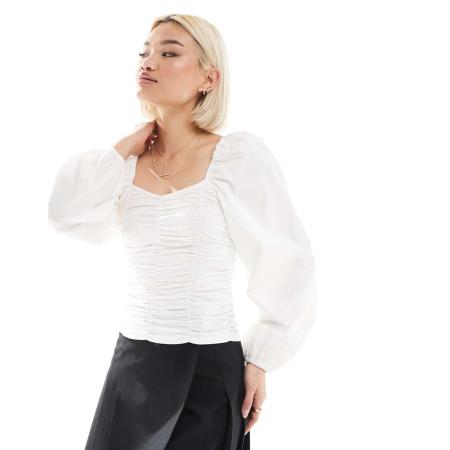 Pieces Gerimpelde jersey top met statement mouwen in wit