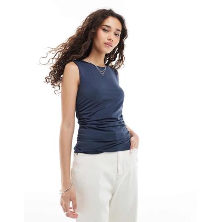 Pieces Top van gerimpelde jersey in blauw