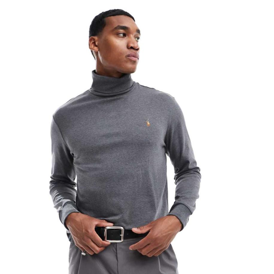 Polo Ralph Lauren - Icon - Dun T-shirt van pimakatoen met col en logo en lange mouwen in gemêleerd antraciet-Grijs Grijs