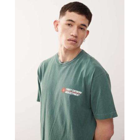 Obey - T-shirt met grafische 'Design Industries' logoprint op de achterkant in donkergroen