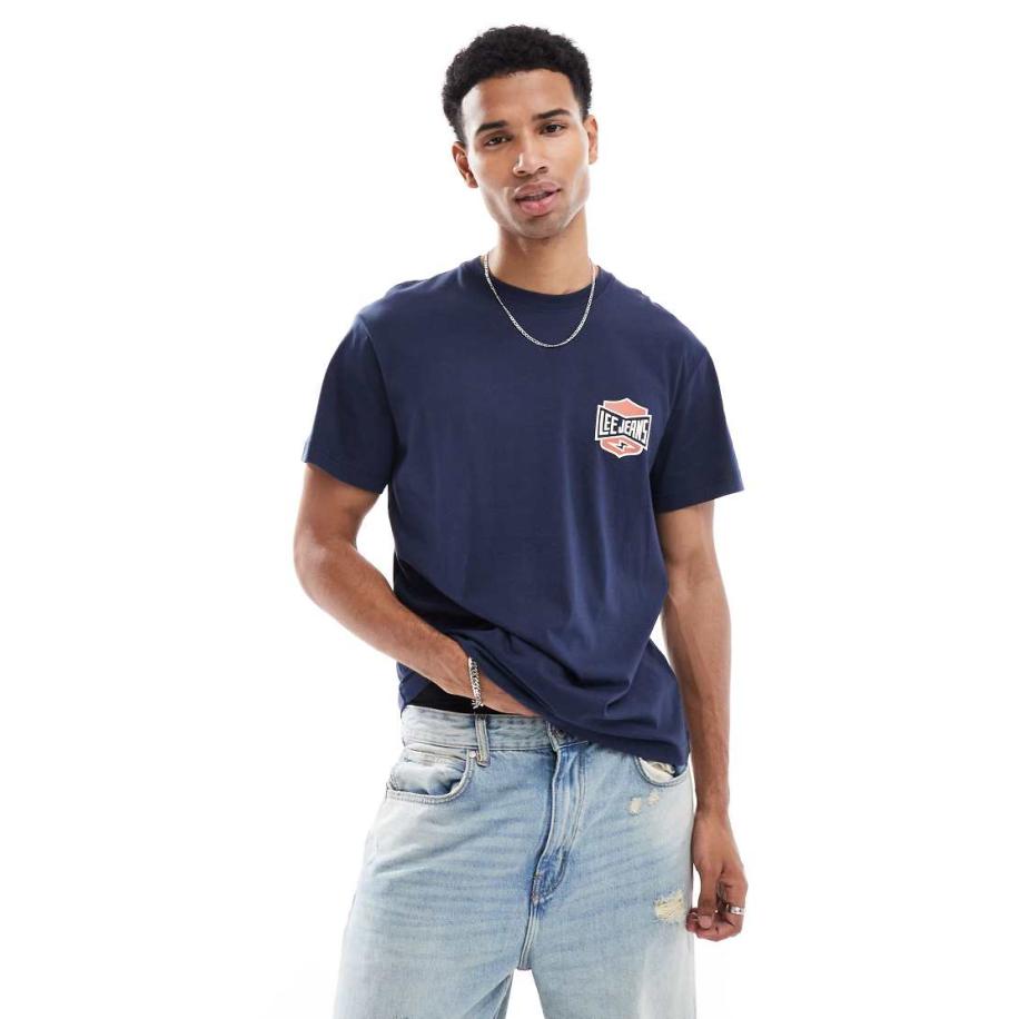 Lee - Archive - T-shirt met ruimvallende pasvorm en logo op de borst in marineblauw Blauw