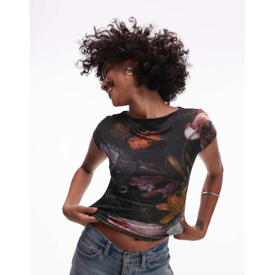 Topshop Top met kapmouwtjes en gelicentieerde grafische 'National Gallery Jacob van Walscapelle' print in zwart-Veelkleurig Multicolor