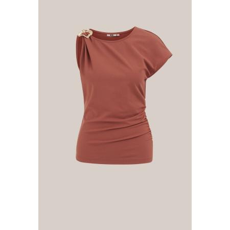 WE Fashion Dames jersey top met gouden accent - Regular fit - Kaneelbruin - Maat: M