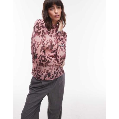 Topshop Top van kreukelstof met lange mouwen en luipaardprint in roze