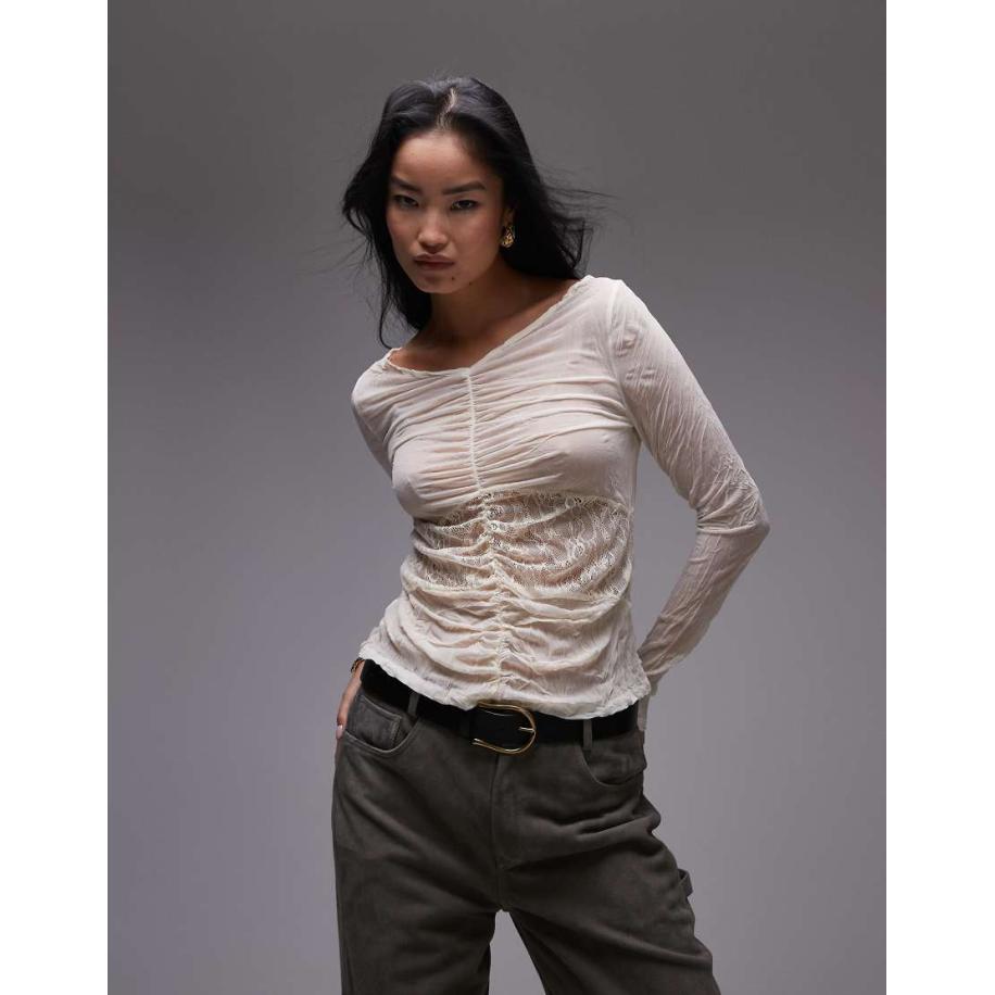 Topshop Top van gekreukte stof met kant en lange mouwen in ecru-Wit Wit