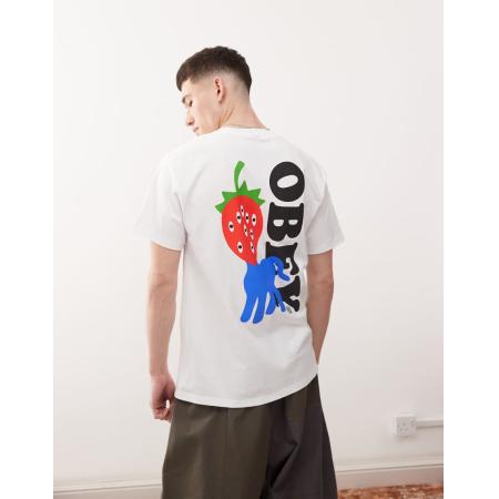 Obey - T-shirt met logo en grafische aardbeiprint op de achterkant in wit