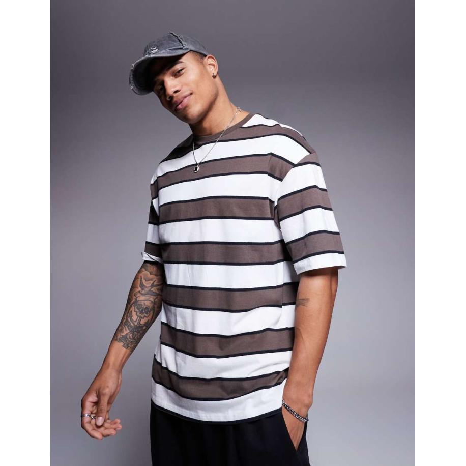 ADPT - Oversized gestreept T-shirt in bruin en crème-Wit Wit