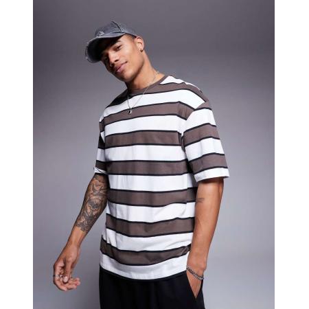 ADPT - Oversized gestreept T-shirt in bruin en crème-Wit