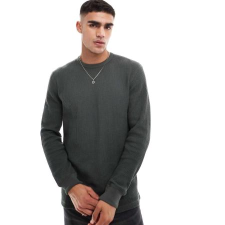 Cotton On - T-shirt met lange mouwen en grove wafelstructuur in legergroen