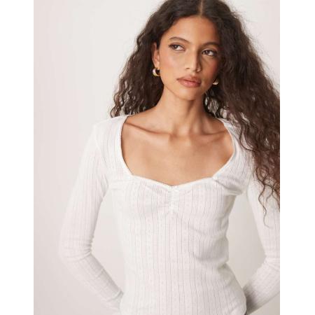 JDY Pointelle top met vierkante hals en lange mouwen in wit