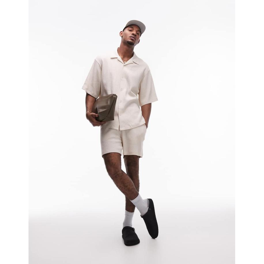 Topman - Oversized jersey overhemd met wafelstructuur in stone-Neutraal Multicolor