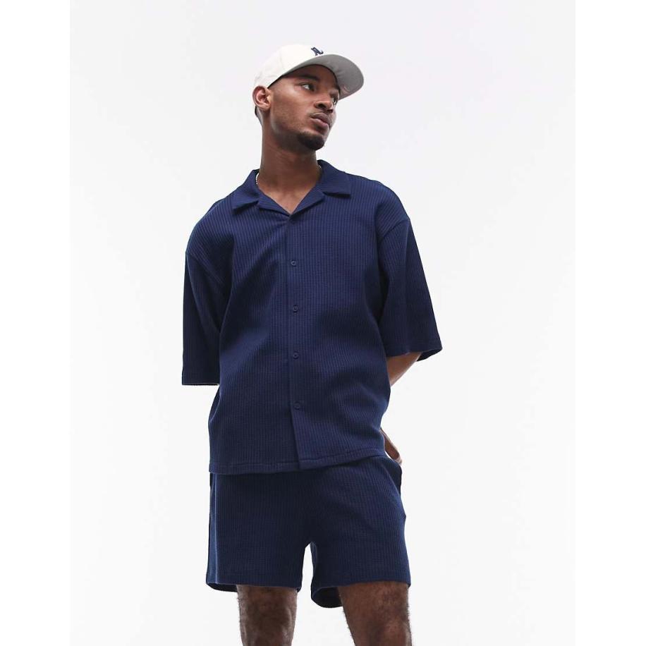 Topman - Oversized jersey overhemd met wafelstructuur en knoopsluiting in marineblauw Blauw