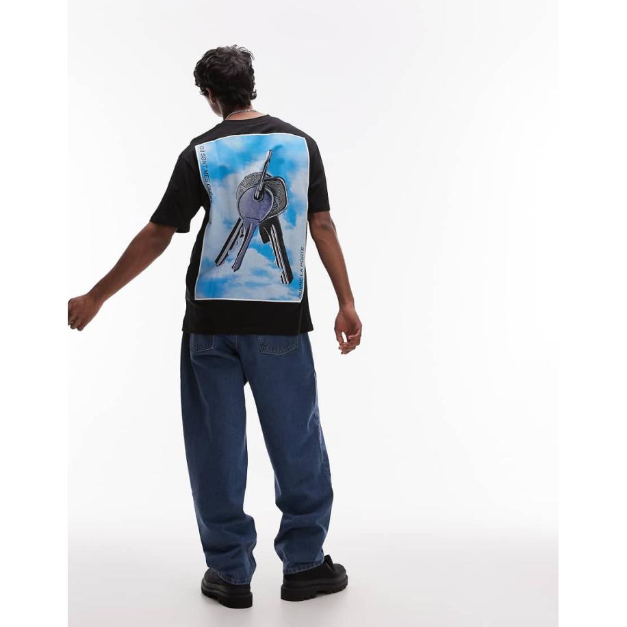 Topman - Oversized T-shirt met grafische sleutelprint op de voor- en achterkant in zwart Zwart