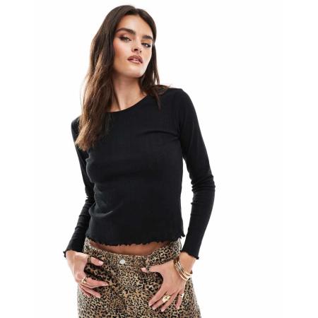 Only Top van pointelle met lange mouwen en geschulpte zoom in zwart