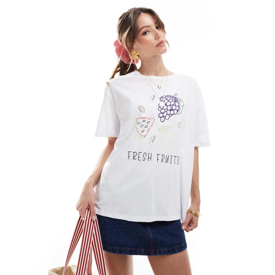 Pieces Oversized T-shirt met grafische fruitprint in wit Wit