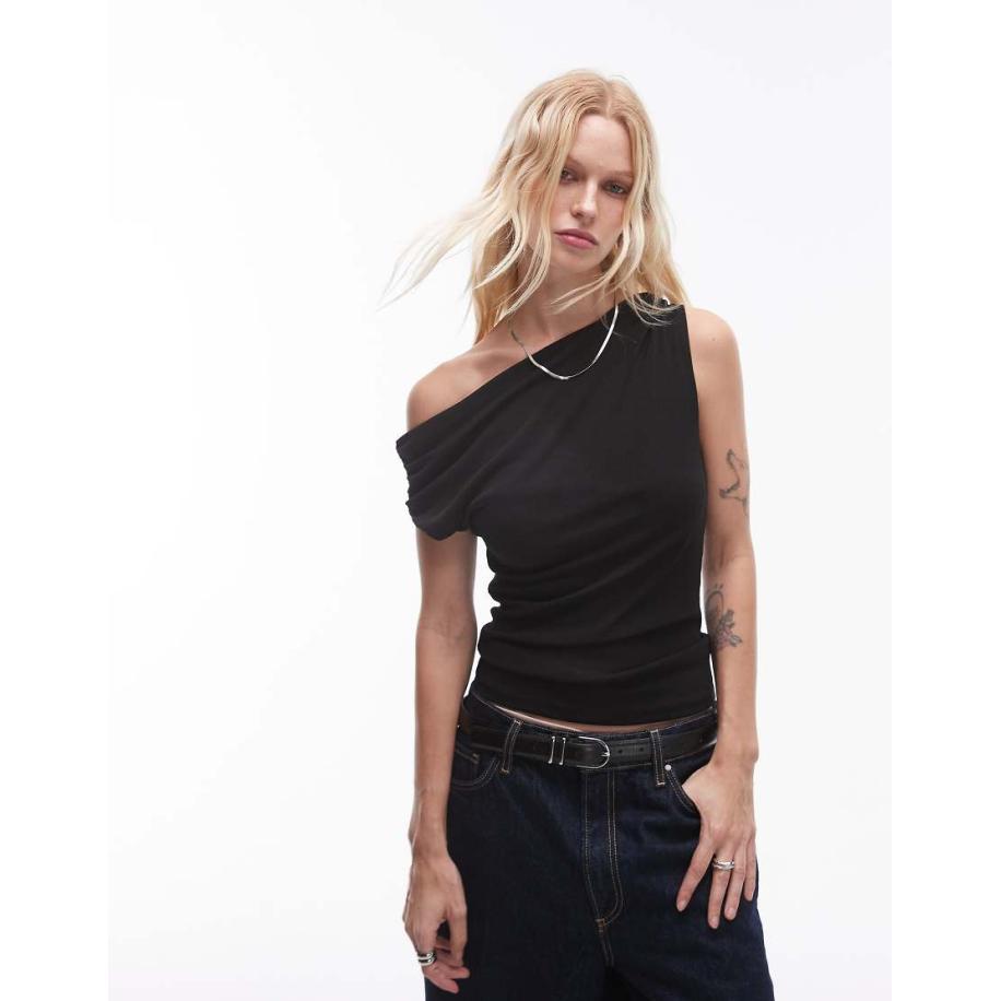 Topshop Asymmetrische top met blote schouder in zwart Zwart