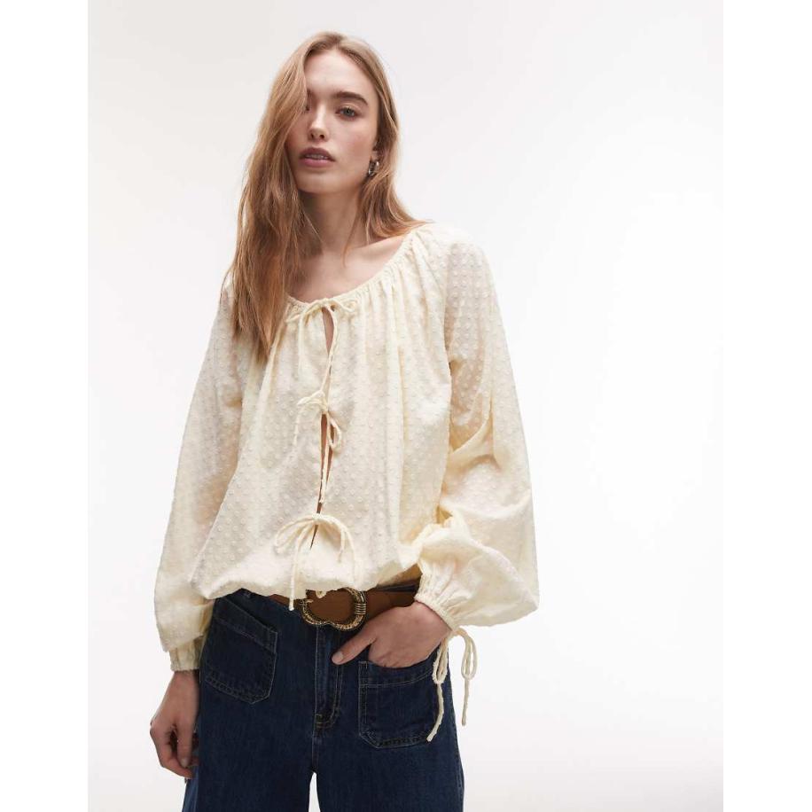 Topshop Top met rimpeleffect en gestrikte voorkant in beige-Neutraal Multicolor