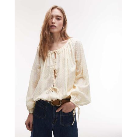 Topshop Top met rimpeleffect en gestrikte voorkant in beige-Neutraal