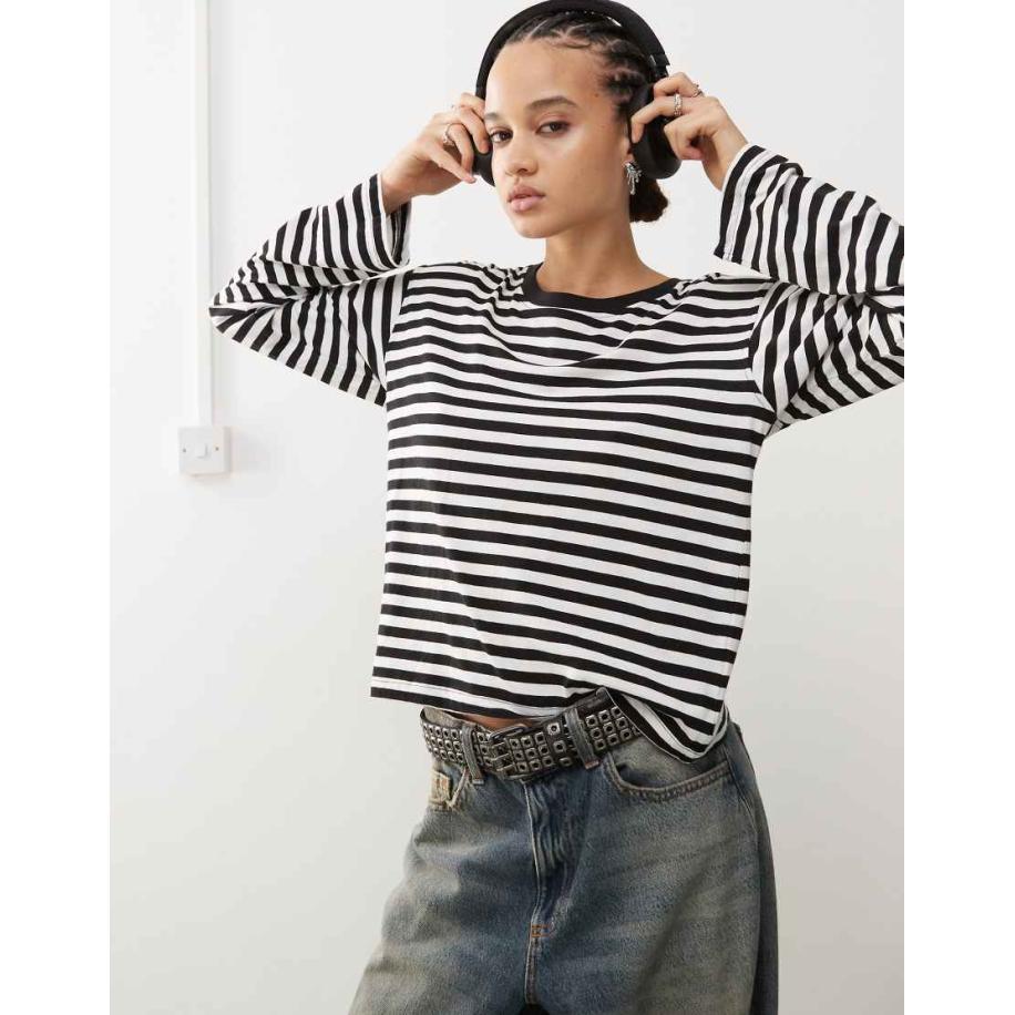 Monki Top met lange mouwen en strepen in gebroken wit en zwart-Veelkleurig Multicolor