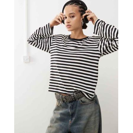 Monki Top met lange mouwen en strepen in gebroken wit en zwart-Veelkleurig