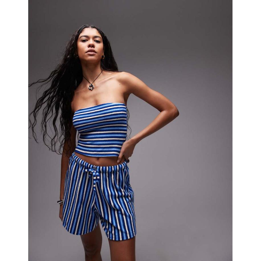 Topshop Gestreepte bandeau-top van badstof in blauw, deel van co-ord set Blauw
