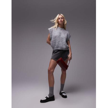 Topshop Ruimvallend ribgebreid hemdje van bouclé met ronde hals en blote schouders in middengrijs