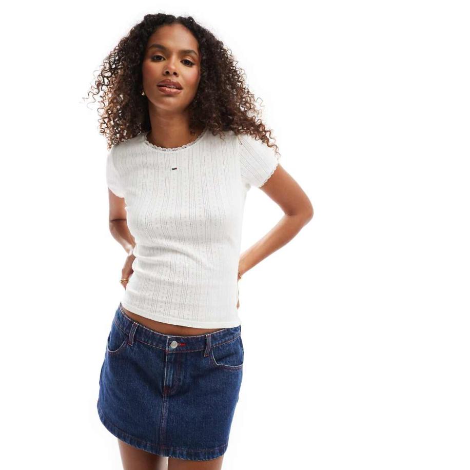 Tommy Jeans Ajourgebreid geribbeld T-shirt in wit Wit