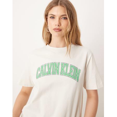 Calvin Klein T-shirt met universiteitslogo in ecru en mintgroen-Wit