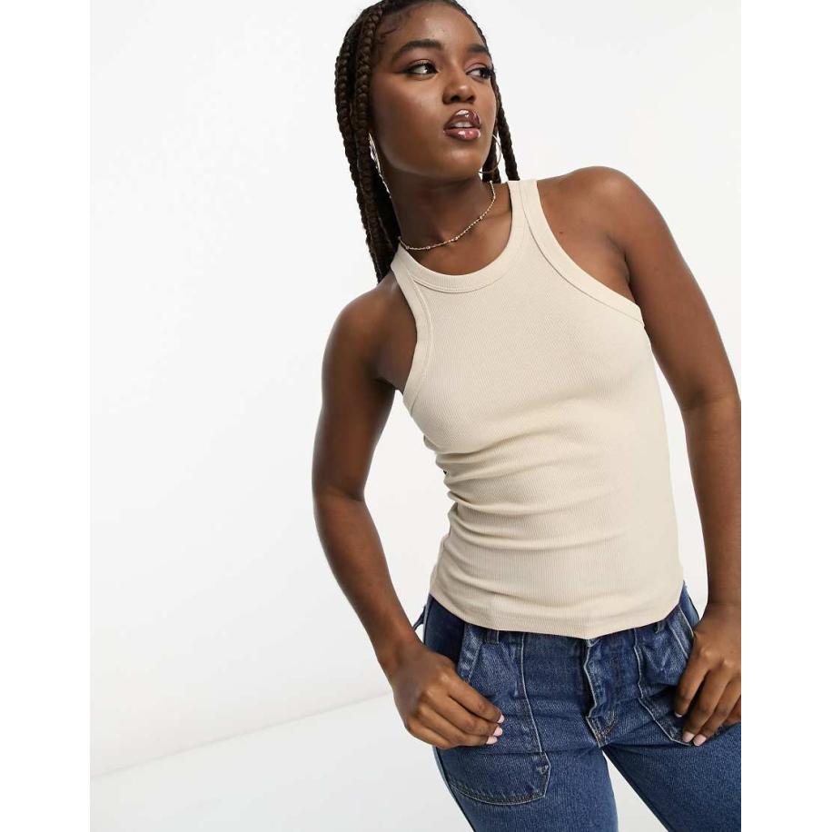 Monki Geribbeld hemdje met racer hals in beige-Neutraal Multicolor