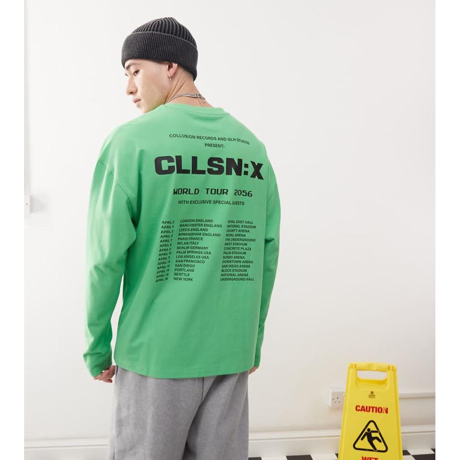 COLLUSION - T-shirt met lange mouwen en grafisch tour-logo in groen Groen
