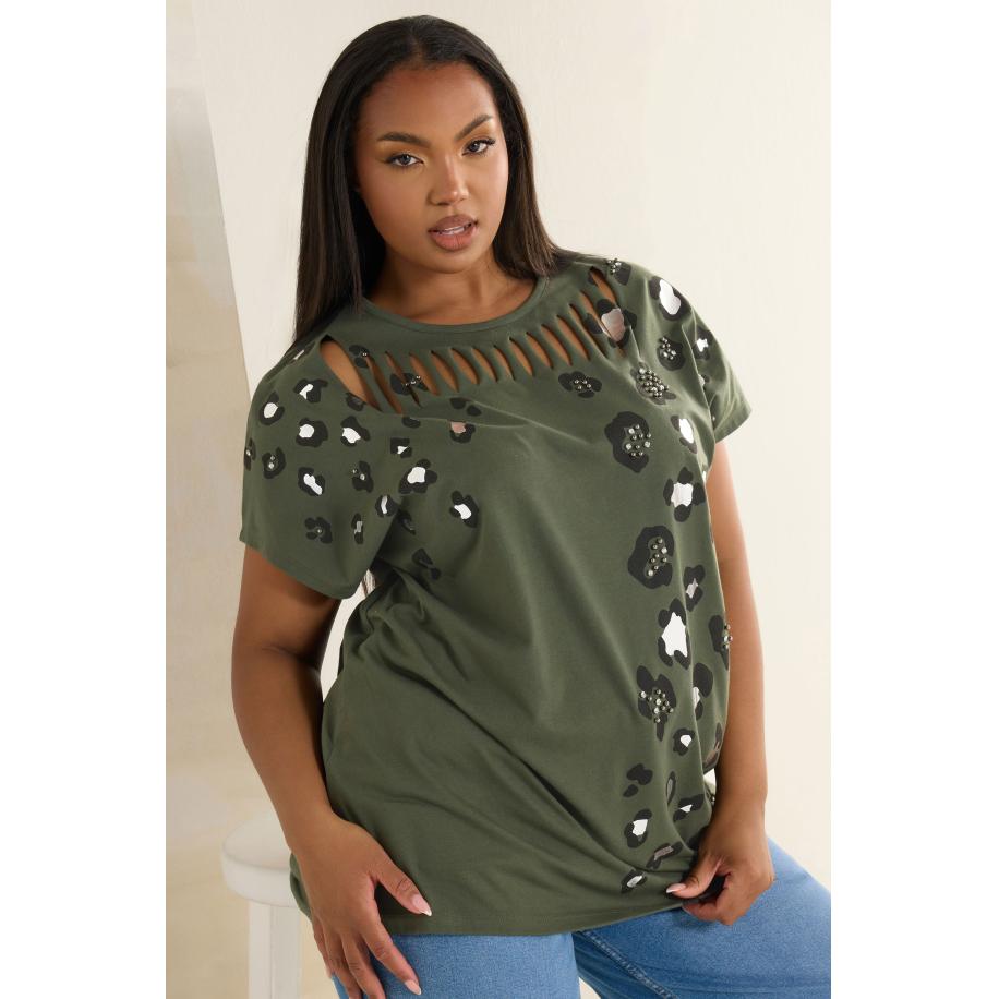 Yours Tshirt Met Luipaardprint Met Studs En Uitgesneden Detail In Kakigroen Size 62-64 Groen