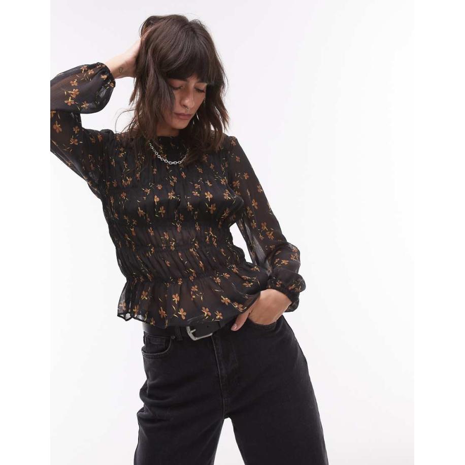 Topshop Doorschijnende asymmetrische aangerimpelde top met fijne print in zwart Zwart