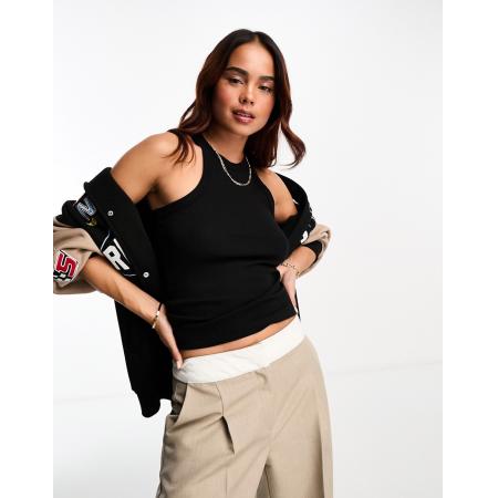 Monki Geribbeld racerhemdje in zwart-Black