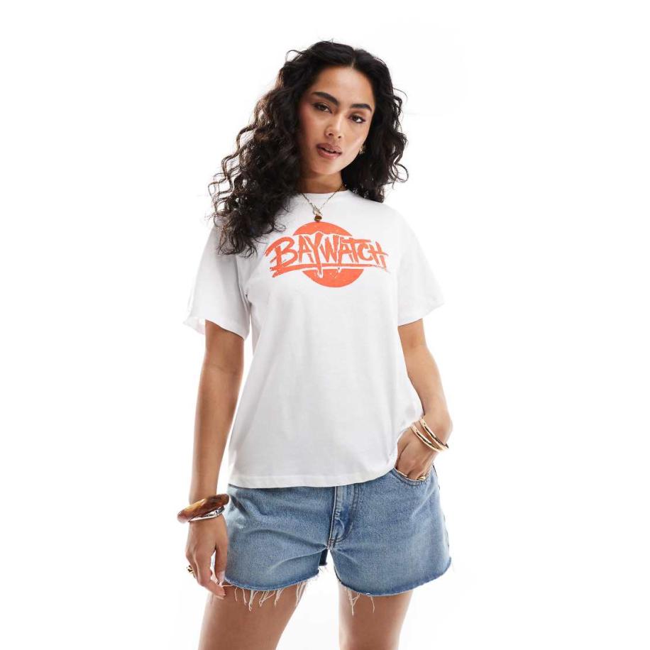 Pieces Boyfriend T-shirt met Baywatch-print in wit Wit