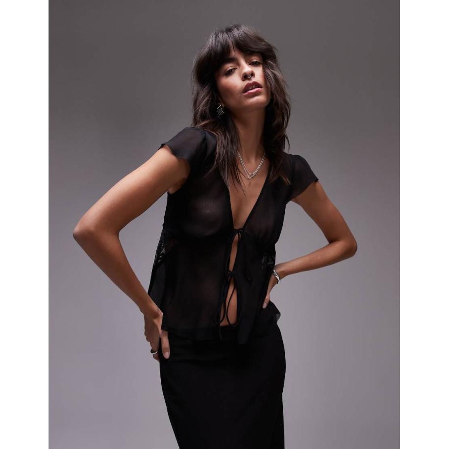 Topshop Doorschijnende top met gestrikte voorkant, kapmouwen en kanten inzetstuk in zwart Zwart