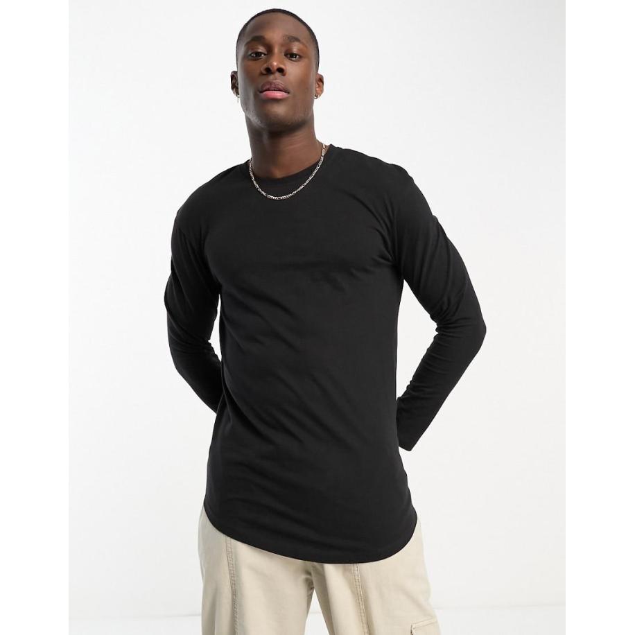 Jack & Jones Essentials - T-shirt met lange pasvorm, lange mouwen en ronde zoom in zwart Zwart