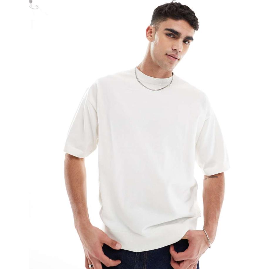 Jack & Jones - Premium - Gebreid oversized T-shirt met ronde hals in crème-Wit Wit