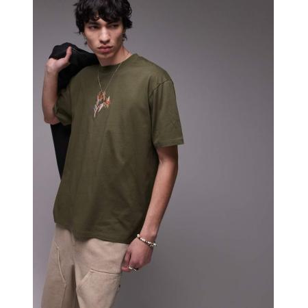 Topman - Premium - T-shirt met bloemenborduursel in donkergroen