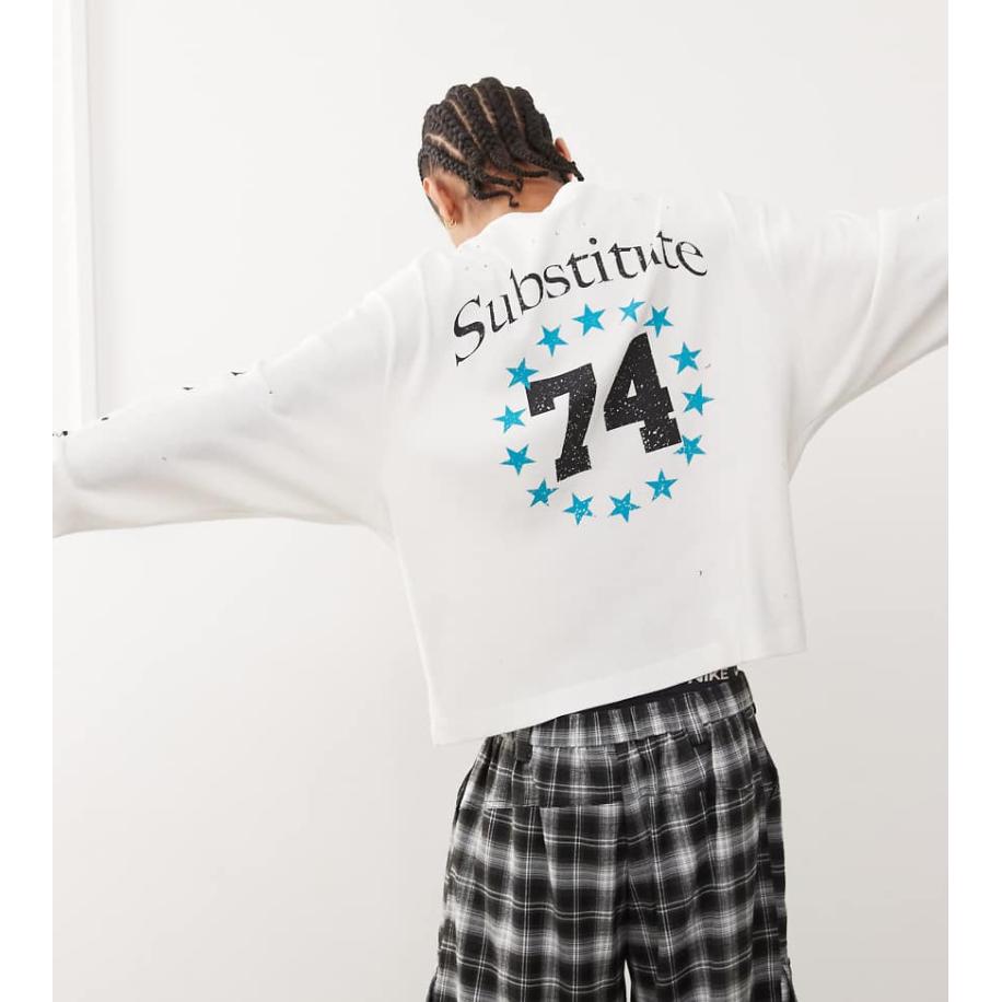 COLLUSION - Oversized T-shirt met lange mouwen en 'Substitute'-print in ecru-Wit Wit