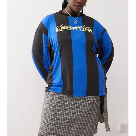 COLLUSION Plus Gestreept sportief voetbalshirt-Blauw