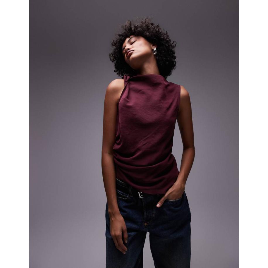 Topshop Mouwloze top met geknoopte zijkant in bordeauxrood Rood
