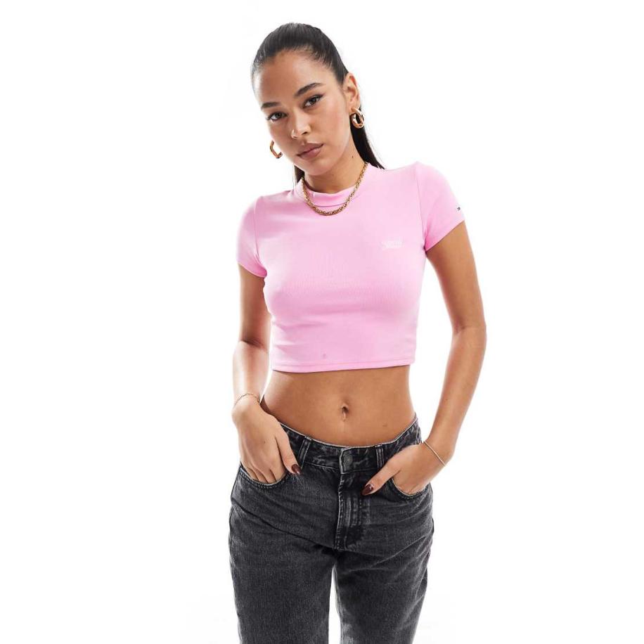 Tommy Jeans Smal T-shirt met geschreven logo in roze Roze