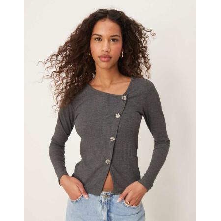 JDY Geribbelde top met asymmetrisch knoopdetail in donkergrijs