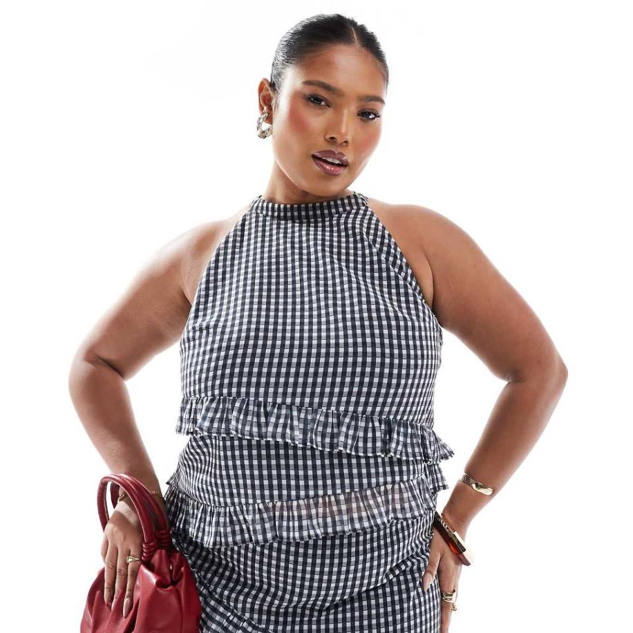 Renee Studio Plus Exclusives Haltertop zonder mouwen met asymmetrische ruches en ruiten in grijs, deel van co-ord set-Veelkleurig Multicolor