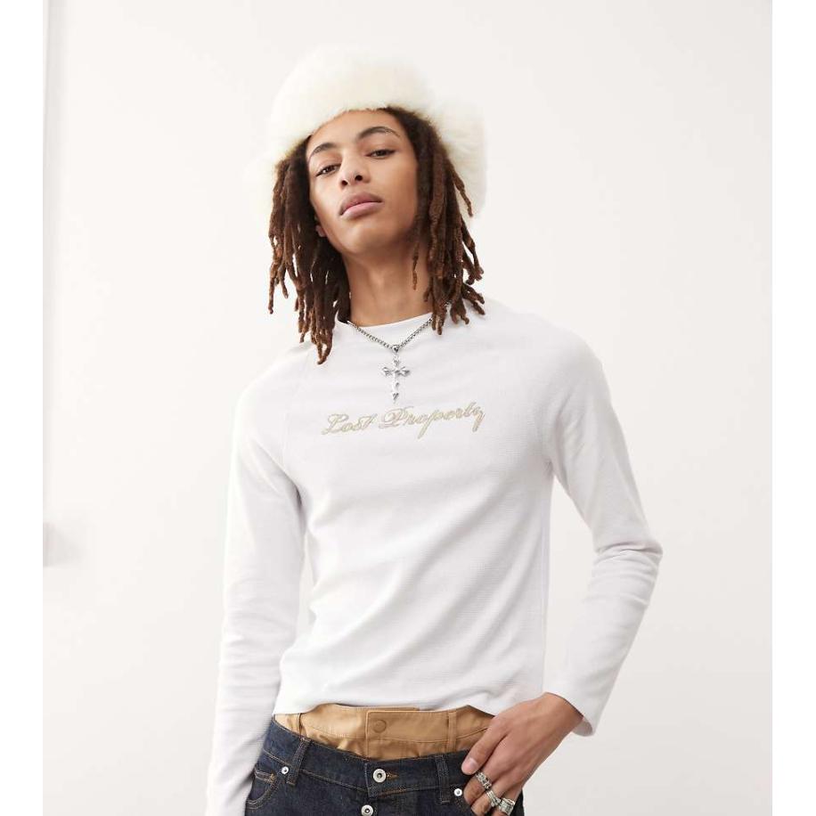 COLLUSION - Slim-fit T-shirt met lange mouwen, wafelstructuur en geborduurd logo in wit Wit