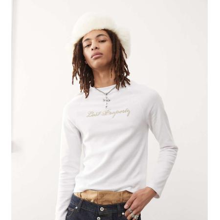 COLLUSION - Slim-fit T-shirt met lange mouwen, wafelstructuur en geborduurd logo in wit