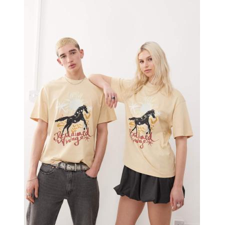 Reclaimed Vintage - Uniseks oversized T-shirt met grafische Western print in beige-Neutraal